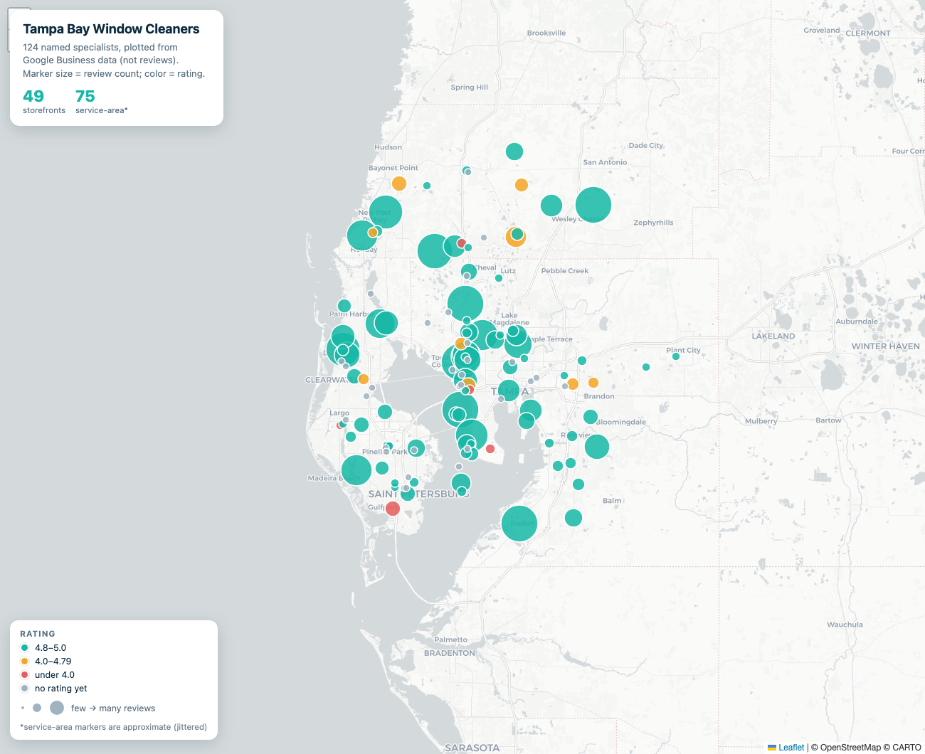 Map of 124 Tampa Bay window cleaners, sized by reviews and colored by rating